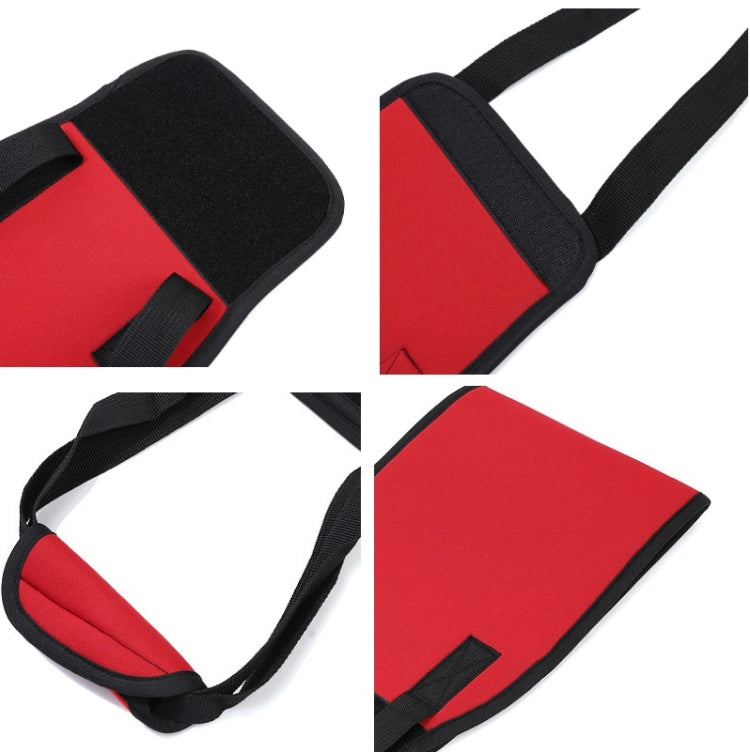 Red assistive dog belt with black padded chest panel and adjustable lifting straps