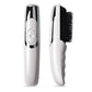 Electric massage comb with silver casing and black bristles, two angles