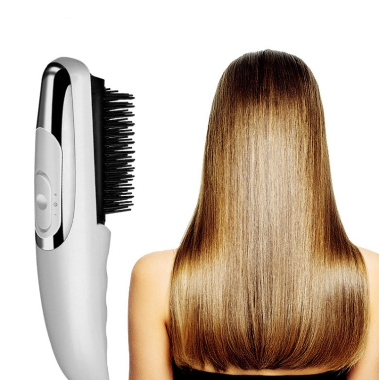 Electric massage comb against long hair, silver body with black bristles