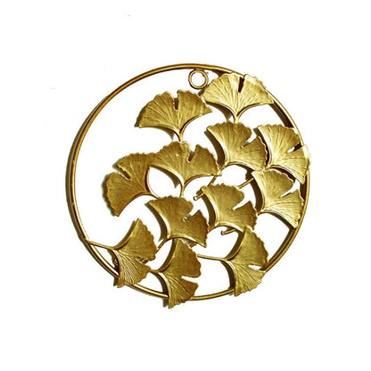 Gold 3D iron leaf wall hanging with round ring frame and layered ginkgo leaves
