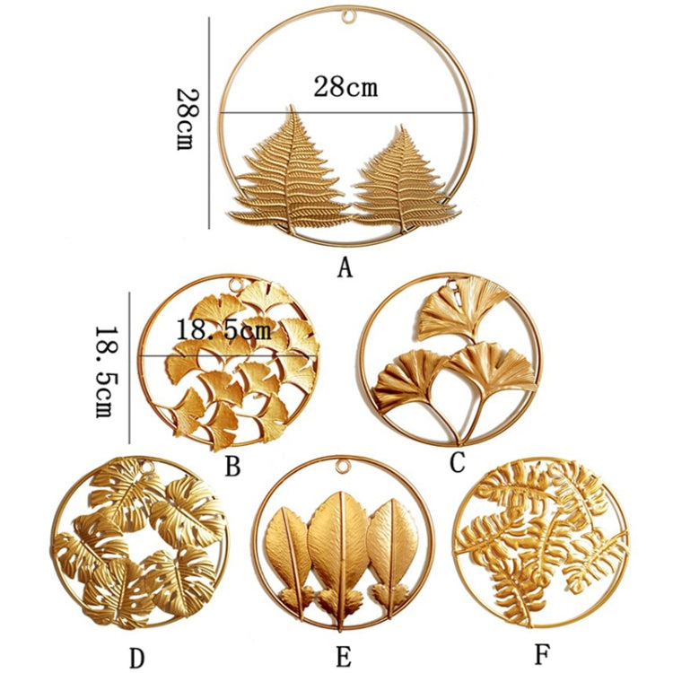 Assorted gold 3D iron leaf wall hangings in round frames, styles A–F