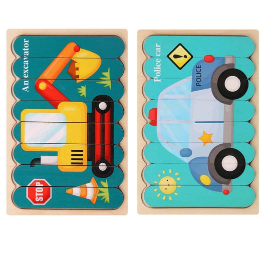 QBT01 Children Double-Sided Wooden Puzzle Bar Puzzle Toy, Excavator + Police Car, Airplane + Rocket, Mud Tanker + Truck, School Bus + Ship, Pig (Yellow) + Pig (Green), Big Gray Wolf + Pig (Pink), Little Red Riding Hood + Big Big Wolf, Crow + Bee       ...