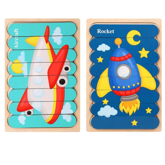 QBT01 Children Double-Sided Wooden Puzzle Bar Puzzle Toy, Excavator + Police Car, Airplane + Rocket, Mud Tanker + Truck, School Bus + Ship, Pig (Yellow) + Pig (Green), Big Gray Wolf + Pig (Pink), Little Red Riding Hood + Big Big Wolf, Crow + Bee       ...