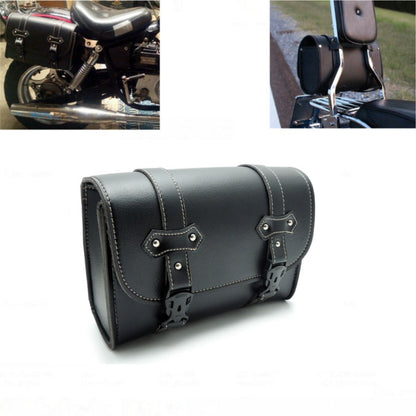 Black PU leather motorcycle saddle side pouch with studded straps and buckle mounts