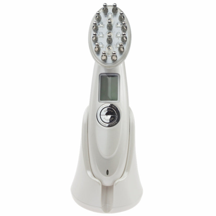 RF hair growth comb scalp massager, white handle with oval screen and silver pin head