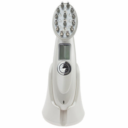 RF hair growth comb scalp massager, white handle with oval screen and silver pin head