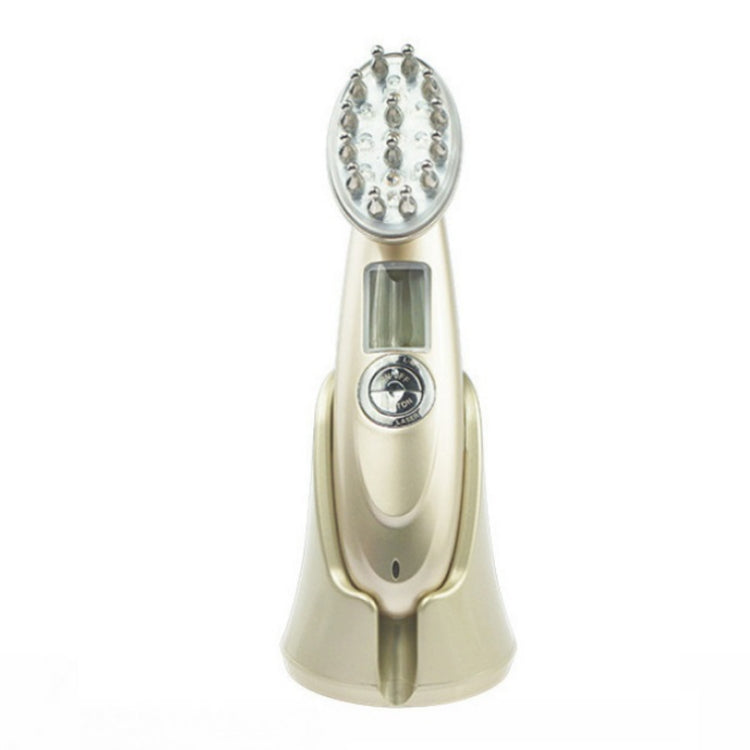 RF hair growth comb scalp massager, gold handle with round dial and silver pin brush head