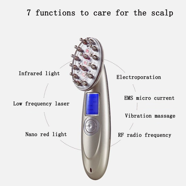RF hair growth comb scalp massager with blue screen, chrome pin head, function icons