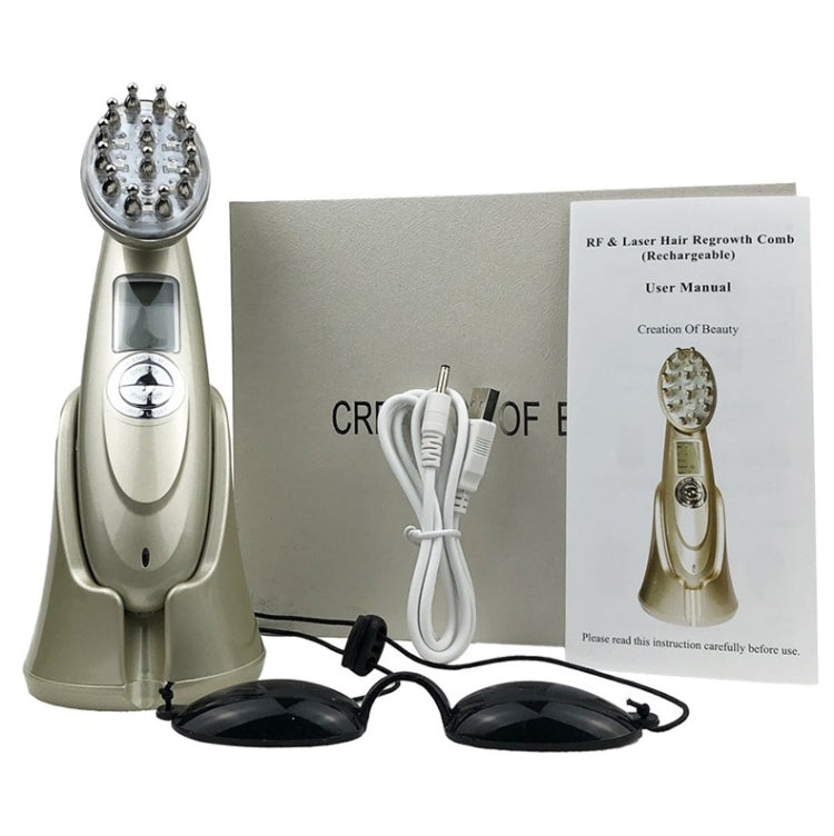 RF hair growth comb kit with gold device, user manual, power cable, and accessories