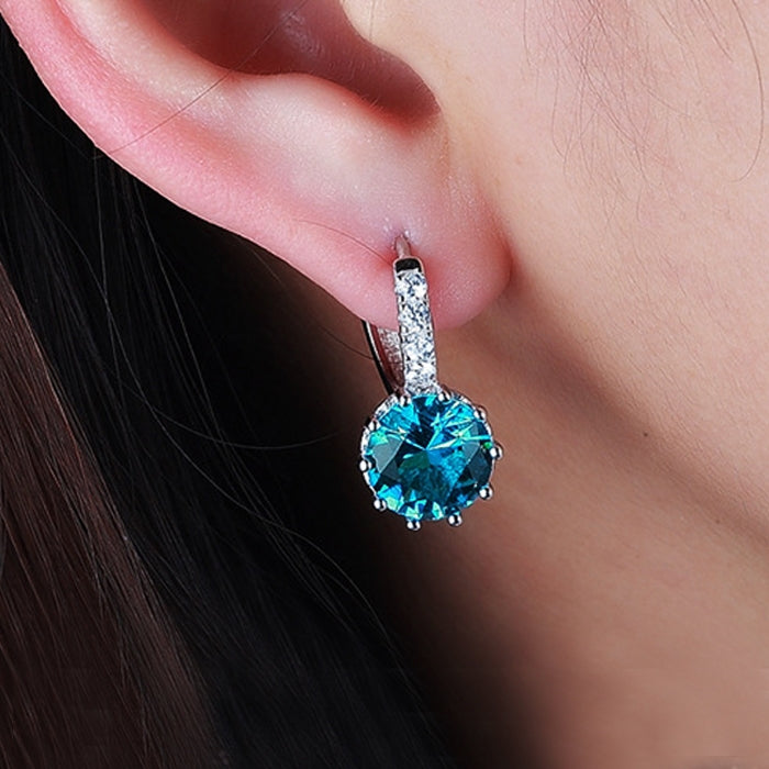 925 sterling silver hoop earrings with bright blue round zircon drop