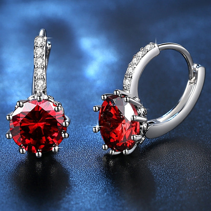 925 sterling silver hoop earrings with red round zircon and clear crystal halo