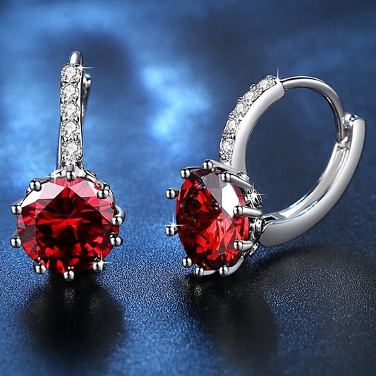 925 sterling silver hoop earrings with red round zircon and clear crystal halo