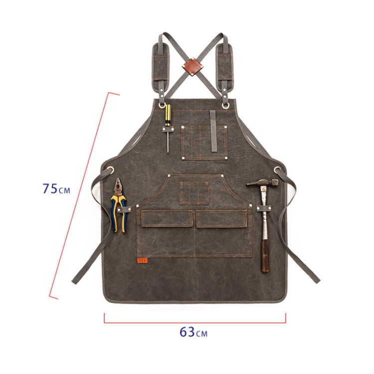 Gray canvas work apron with chest pocket, two side loops, adjustable neck straps