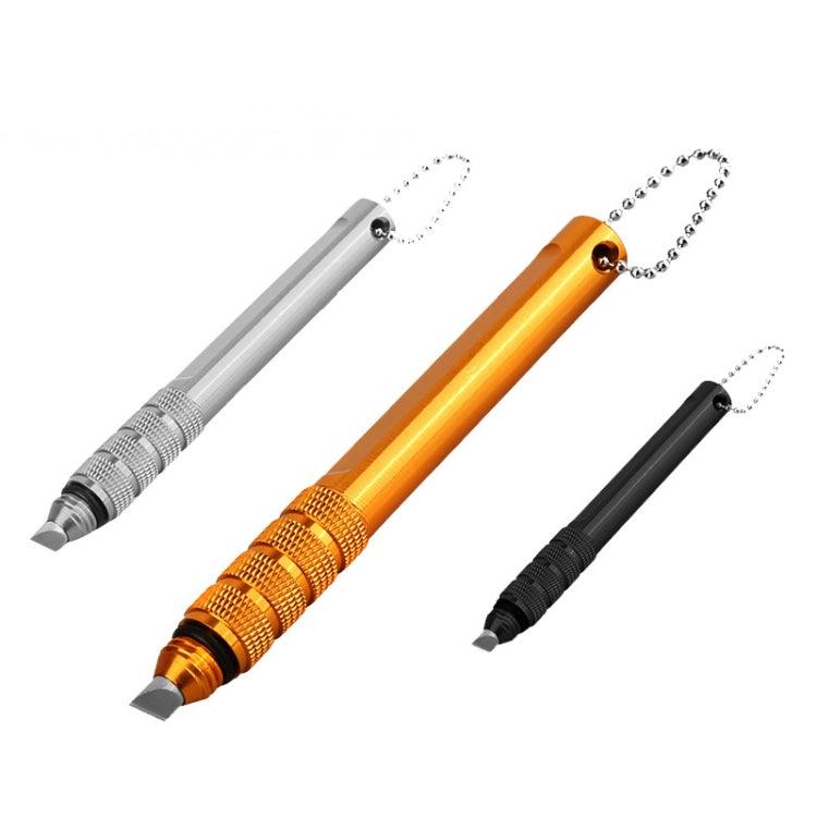 Golf club groove cleaning tool with orange handle and flat blade tip, silver chain.
