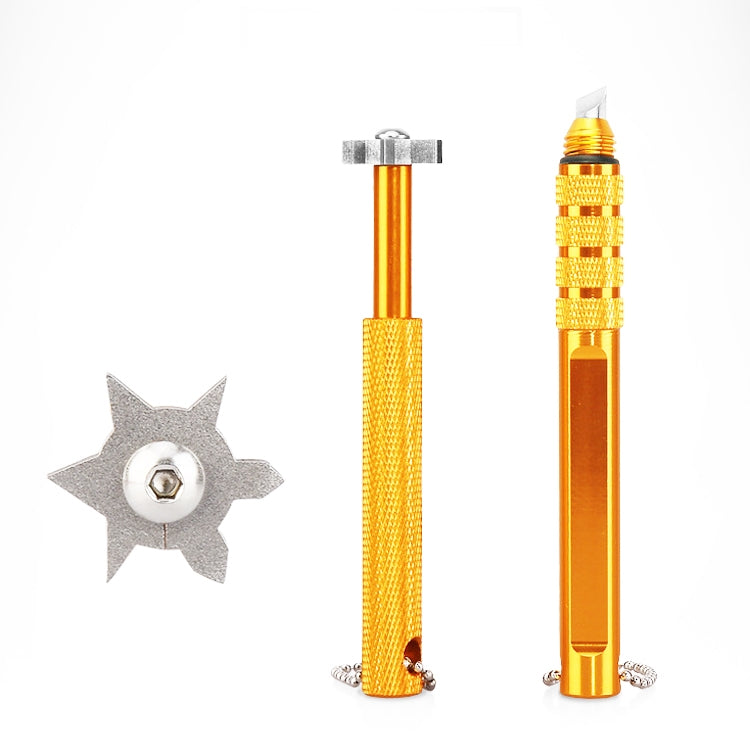 Golf club groove cleaning tool with star-shaped blade and orange cylindrical handle, silver chain.