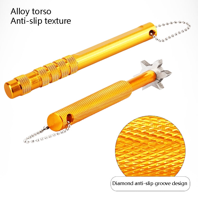 Golf club groove cleaning tool with knurled orange handle, star blade, and silver chain.