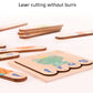 Wooden spelling puzzle sticks and flat cards with cut-out letter shapes