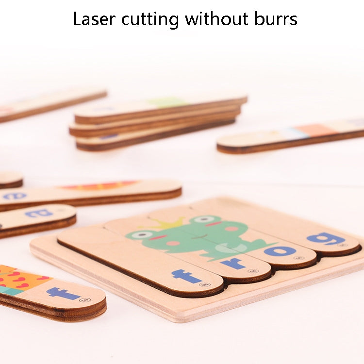 Wooden spelling puzzle sticks and flat cards with cut-out letter shapes