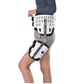 Hip fixation brace with white rigid shell, black straps, and blue trim, worn on leg