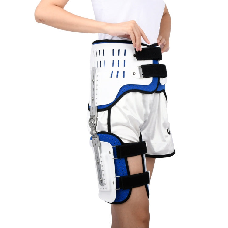 Hip fixation brace with white rigid support frame, blue trim, and black straps, worn on leg