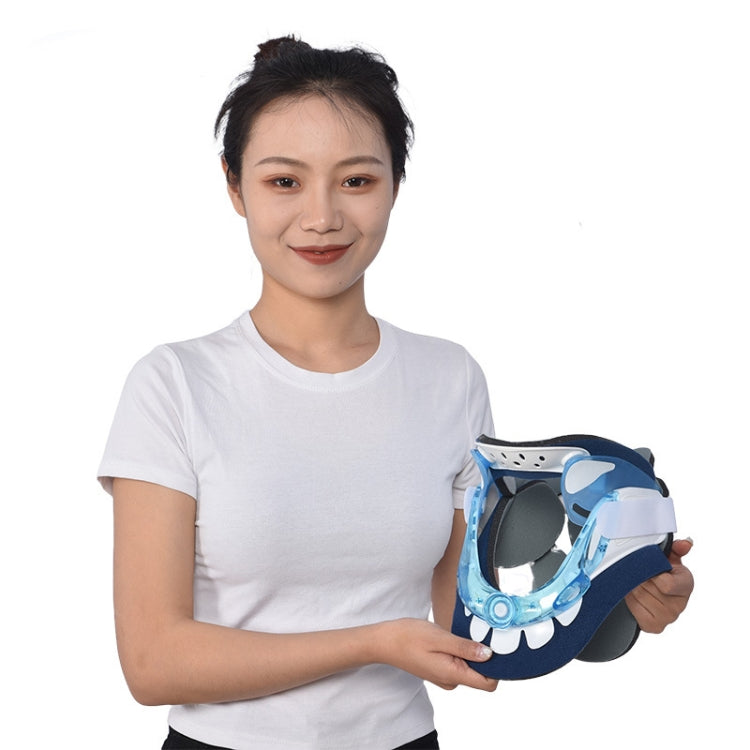Plastic neck brace held up; navy, white, and light-blue molded collar