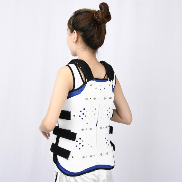 Adjustable thoracolumbar fixation brace back view with black shoulder straps and white panels