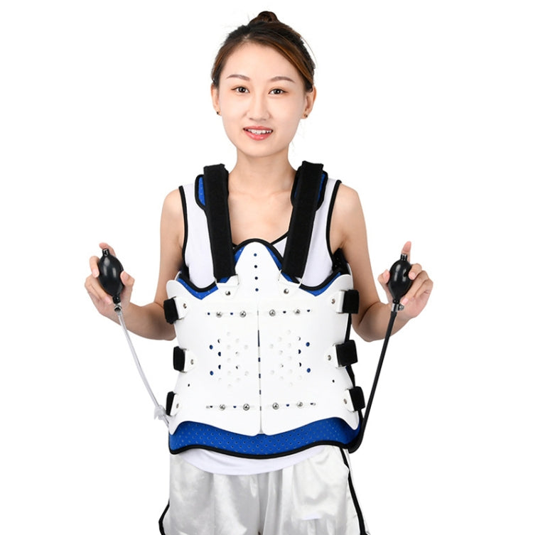 Adjustable thoracolumbar fixation brace with two front straps and white structure with blue trim