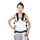 Adjustable thoracolumbar fixation brace with white front panel, black shoulder supports, blue edge