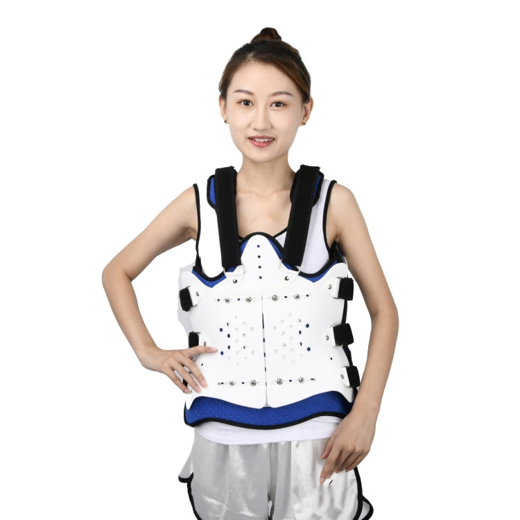 Adjustable thoracolumbar fixation brace with white front panel, black shoulder supports, blue edge