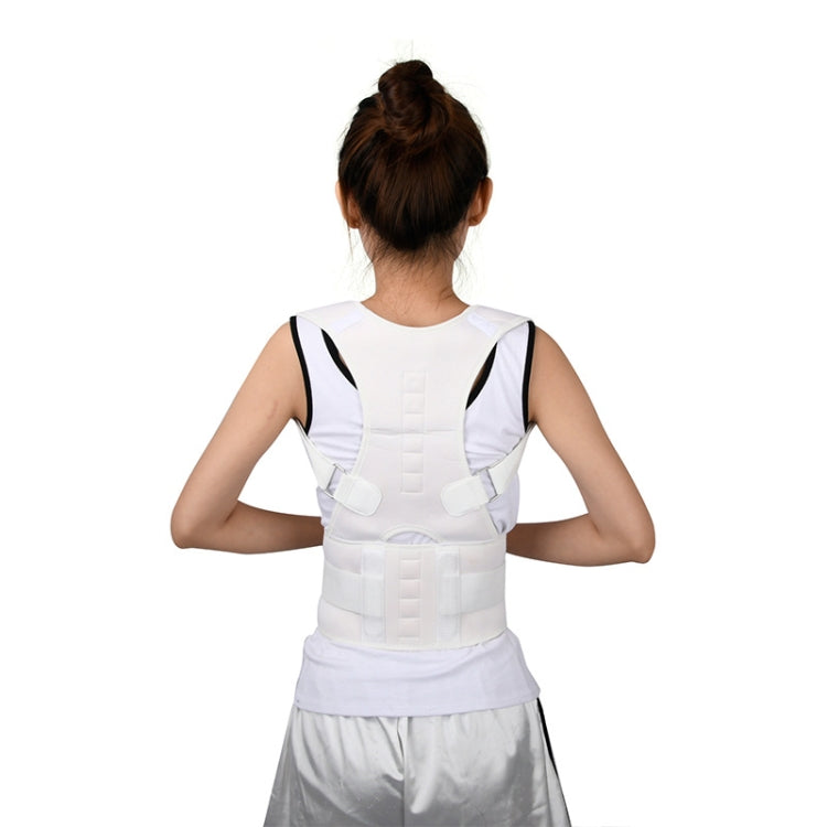 Posture correction back belt in white with padded shoulder straps, worn from behind