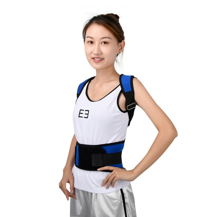 Posture correction back belt in white with blue trim and black waist band, front view