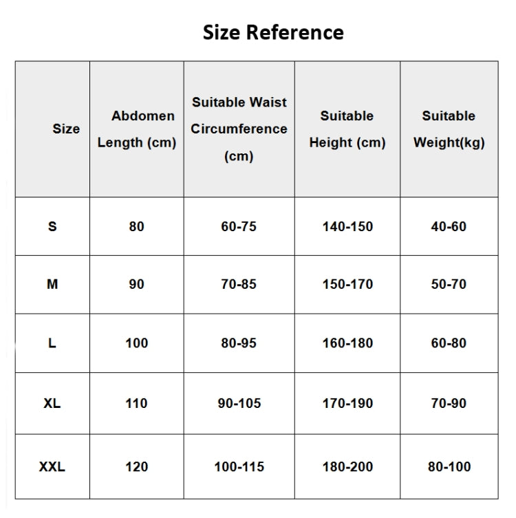 Size chart for back posture correction belt: abdomen, waist, height, weight