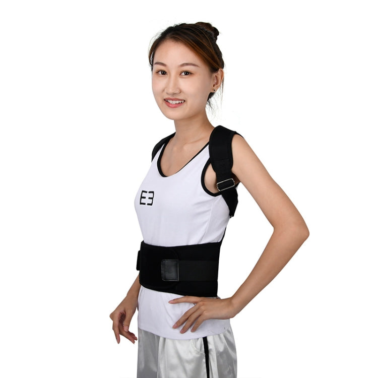 White shirt wearing blue-accent posture correction back belt with adjustable shoulder straps
