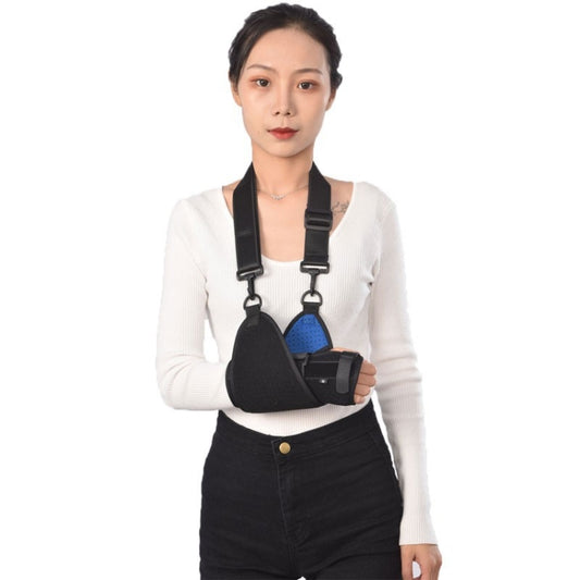 Black wrist fixation splint with adjustable straps, worn on forearm