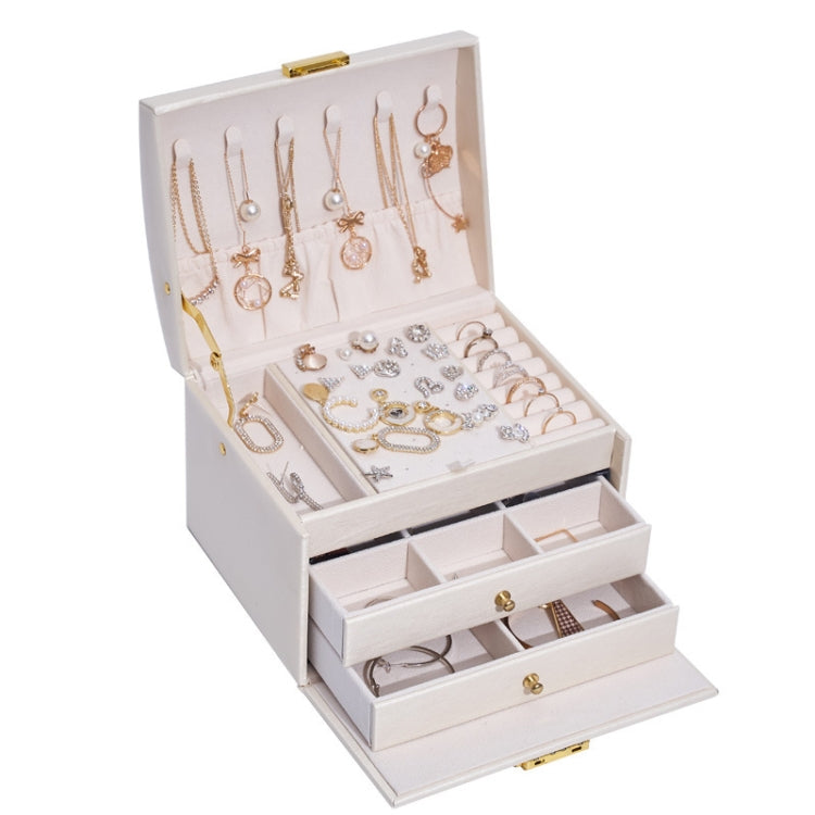 Three-Layer Leather Drawer Type Jewelry Storage Box Earrings Box With Lock, Three-Layer (Nude Pink), Three-Layer (Navy Blue), Three-Layer (Creamy White), Three-Layer (Dark Green)
