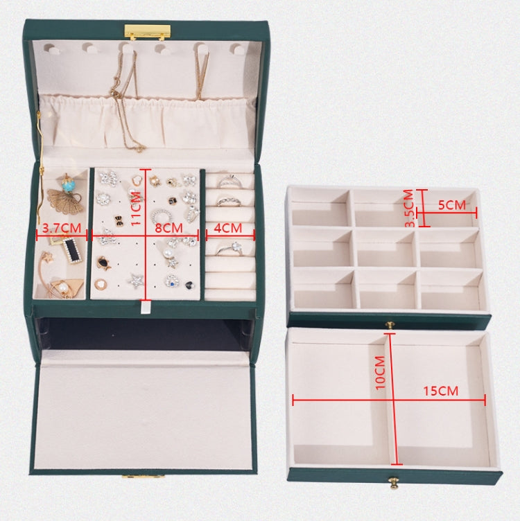 Three-Layer Leather Drawer Type Jewelry Storage Box Earrings Box With Lock, Three-Layer (Nude Pink), Three-Layer (Navy Blue), Three-Layer (Creamy White), Three-Layer (Dark Green)