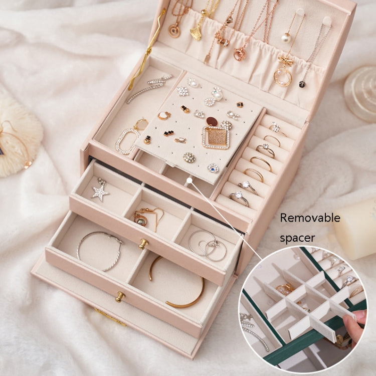 Three-Layer Leather Drawer Type Jewelry Storage Box Earrings Box With Lock, Three-Layer (Nude Pink), Three-Layer (Navy Blue), Three-Layer (Creamy White), Three-Layer (Dark Green)