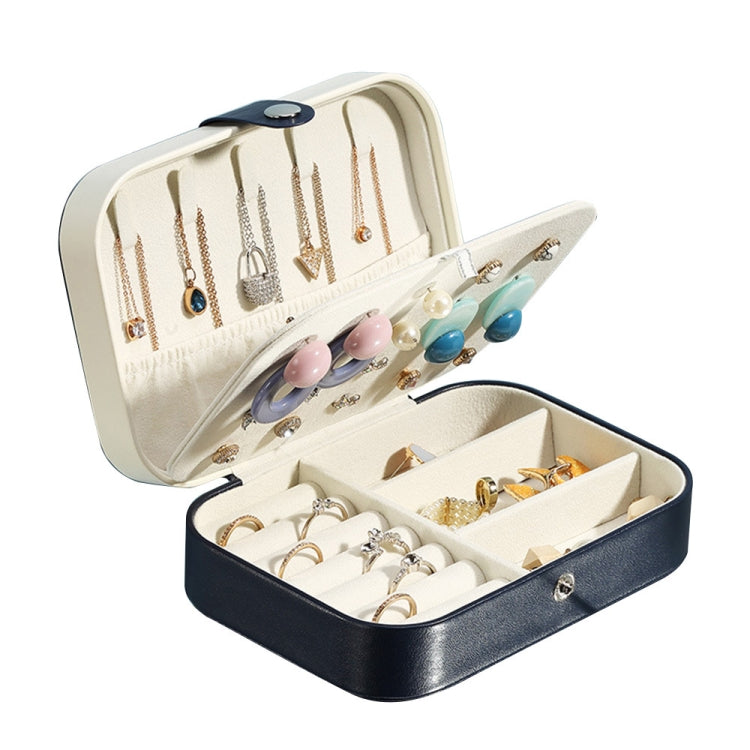 Double-layer jewelry storage box with earrings on top flap and blue inner tray