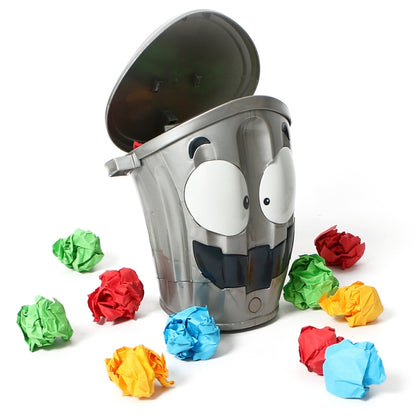 Silver toy trash can with open lid, cartoon panda face, with colorful paper balls
