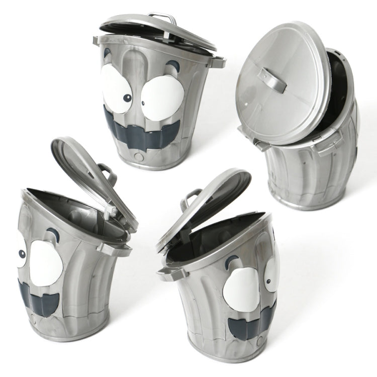 Silver electric trash can toy set, panda face with detached lids and parts