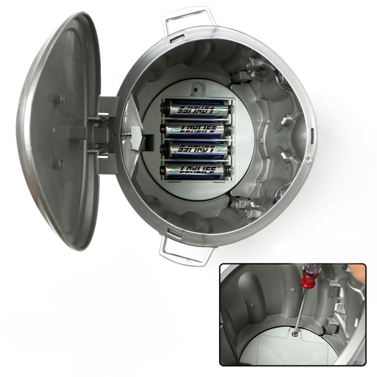 Silver toy trash can with lid open, showing battery compartment and inner mechanism