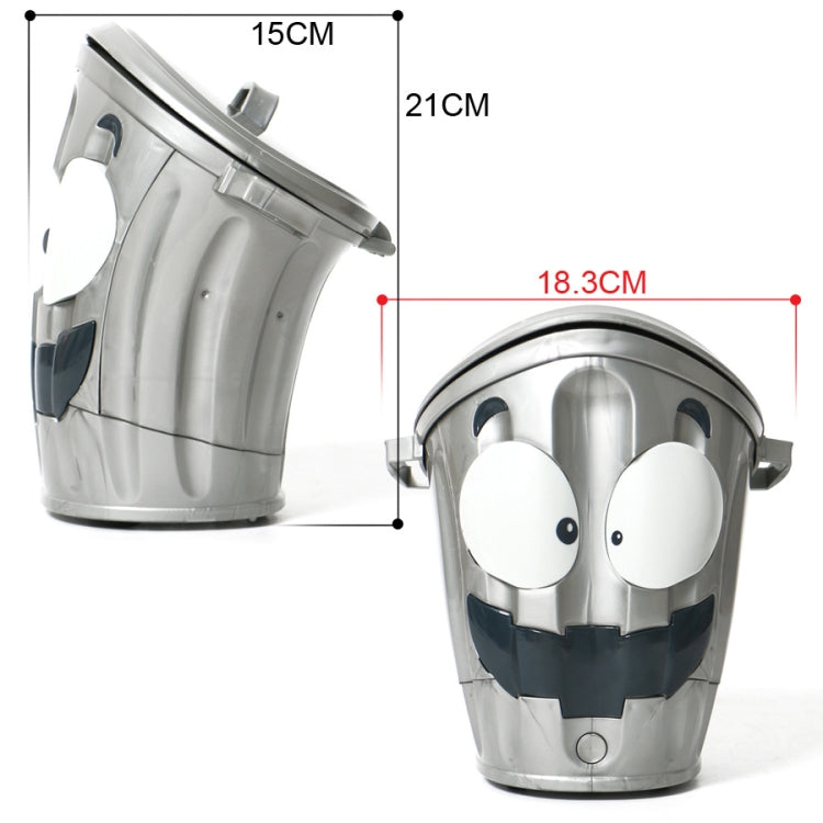 Silver toy trash can with panda face, showing product size measurements