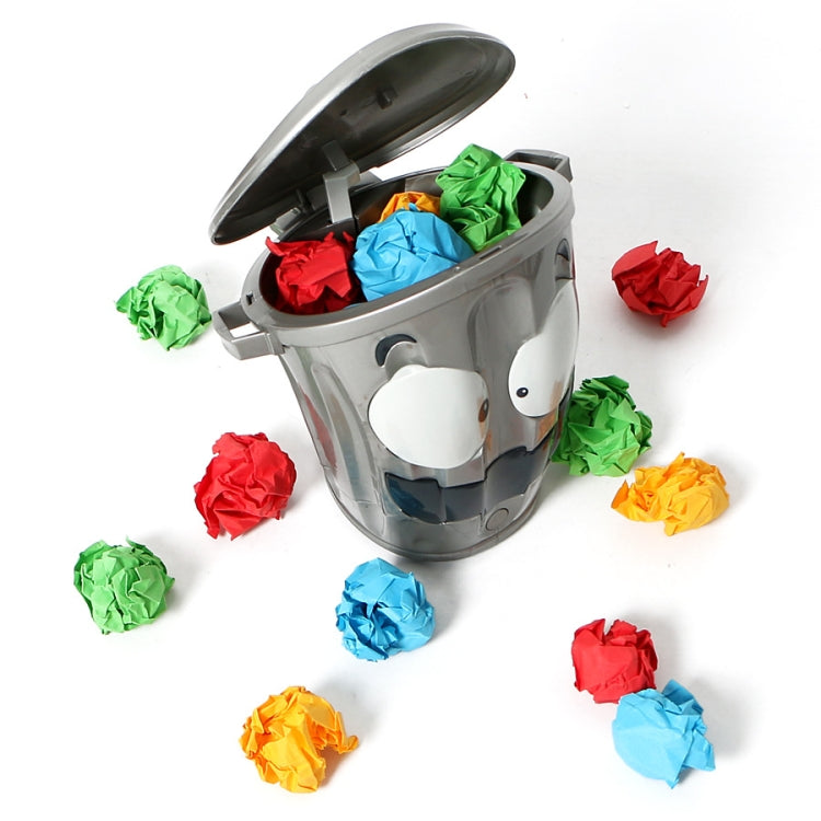Silver toy trash can with open lid, cartoon panda face, and colorful crumpled balls