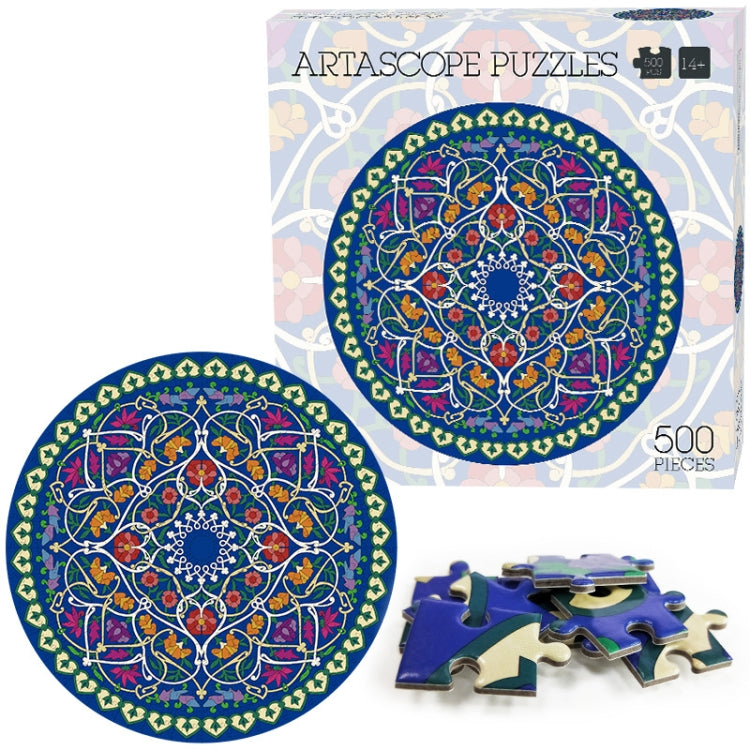 Round 500-piece jigsaw puzzle with blue-green mandala art and scattered puzzle pieces