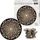 Round 500-piece jigsaw puzzle with butterfly collage design and a few loose pieces
