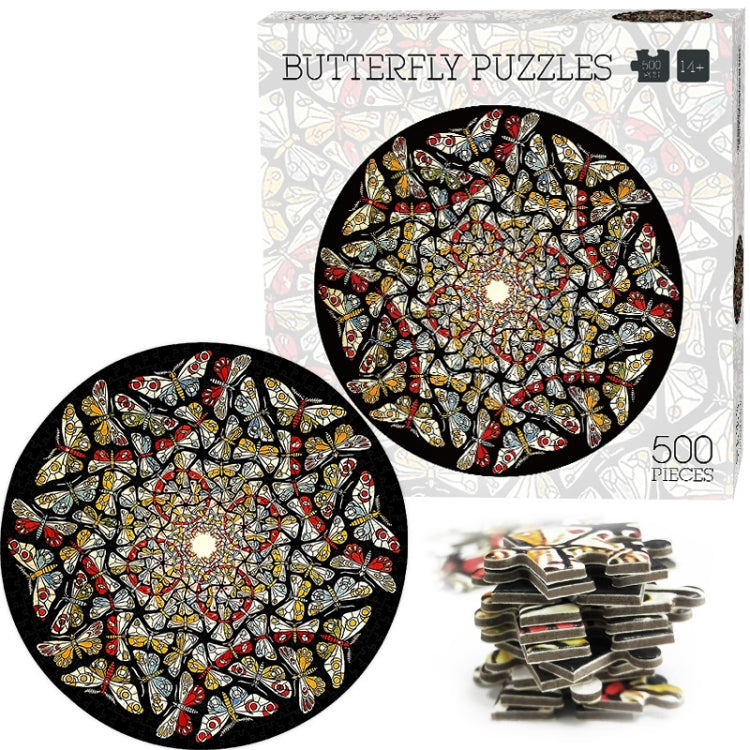 Round 500-piece jigsaw puzzle with butterfly collage design and a few loose pieces