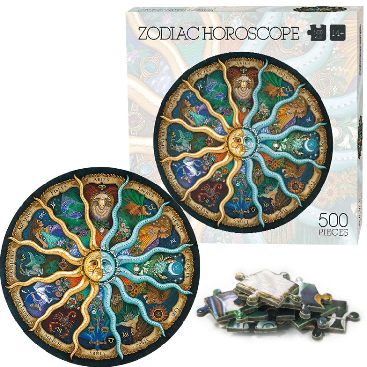 Round 500-piece zodiac jigsaw puzzle with octopus wheel design and scattered pieces