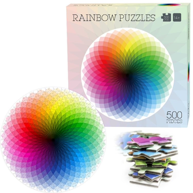 Round 500-piece jigsaw puzzle with rainbow swirl circle art and a stack of pieces