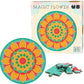 Round 500-piece jigsaw puzzle with orange floral mandala and scattered puzzle pieces