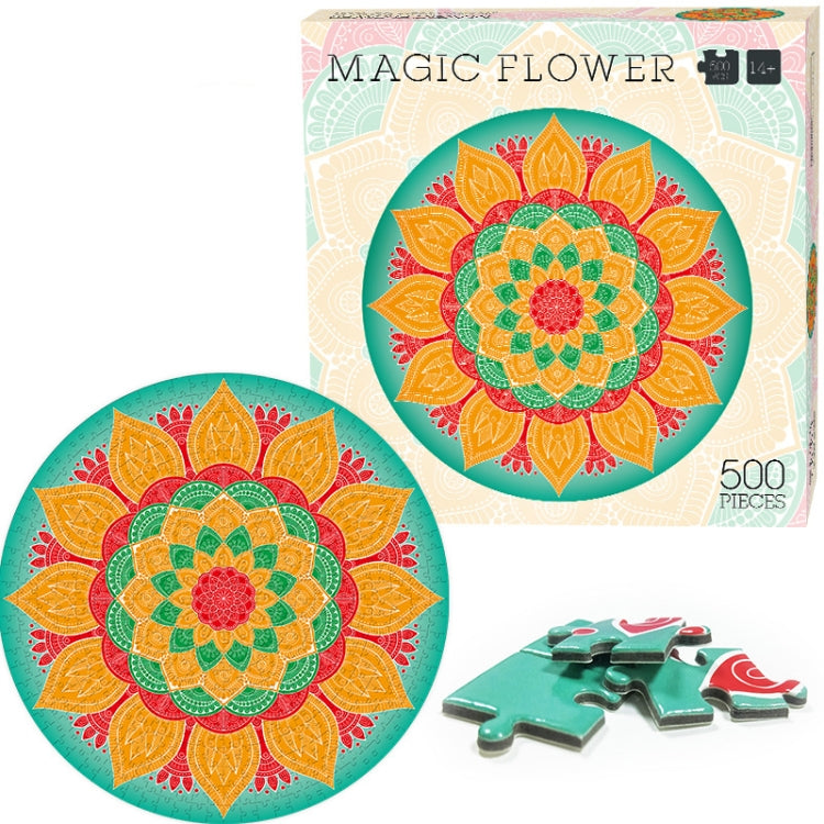 Round 500-piece jigsaw puzzle with orange floral mandala and scattered puzzle pieces
